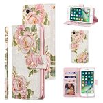 UEEBAI Wallet Case for iPhone SE 2022 5G/iPhone 7/iPhone 8/iPhone SE 2020, PU Leather Phone Case Kickstand RFID Flip Case Card Slots Wrist Strap Engraved Pattern Magnetic Folio Case - White Rose