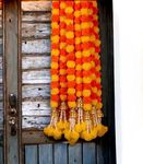 ABHAAS Handmade Artificial Marigold Flower Garland Long Genda Phool for Door Decoration Toran Wedding Ganesh Chaturthi Festivals Diwali with Bells and Rajnignadha (Y+O Mix 5Ft. / 5 Strings)