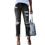 DIFIUPAI Womens Stretchy Ripped Mid Rise Rugged Distressed Raw Hem Boyfriend Denim Jeans (Black)