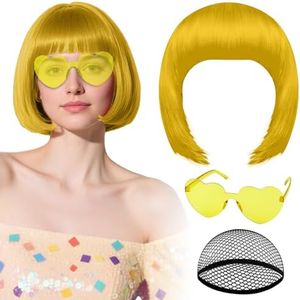 PLULON Gold Bob Wig with Heart Sunglasses and Hair Cap for Women, Short Bob Wigs Synthetic Colored Funny Cosplay Hairpieces for Women Men Neon Bachelorette Halloween Costume Party Decorations