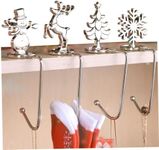 Christmas Stocking Holders, 4pcs Metal Stocking Hooks with Snowflake Reindeer Snowman Tree Decor, Christmas Stocking Hangers for Fireplace Mantel