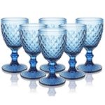 Vintage Wine Glasses Set of 6, 10 OZ Blue Glass Water Goblets with Heavy Base, Dishwasher Safe, Beautiful Modern Hot/Cold Glassware for Wedding, Party, Holidays, Anniversary, Bar,Juice, Beverage