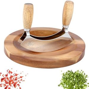 Mezzaluna Ulu Knife, Rocker Chopper Slicer Cutter with Round Cutting Board, Staniless Steel Mezzaluna Chopper, Double Blade Mezzaluna Knife, Rustproof Pizza Cutter Rocker Slicer Curved for Vegetable