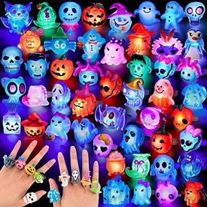 NPET 50Pcs Halloween Treats Light Up LED Rings, Non Candy Halloween Trick or Treats 3D Flashing Rings Toys Glow In the Dark Halloween Party Favor Ring Toy Gifts For Kids Adults Goodie Bag Stuffers