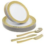 STACKABLES ~ 100 Pieces Dinnerware Set ~ Party Setting Combo Hard Plastic Reusable White Plates with Laced Gold Rim & Cutlery Sets for 20 People