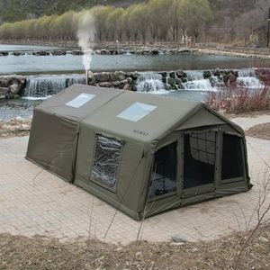 Sport Tent 4 Season Cotton Canvas Inflatable Tent with Detachable Awning & TPU Door and Windows,5-6 Person Pop-Up Tent with Stove Jack Hole & Cable Hole