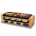 COKLAI Raclette Table Grill 2 in 1 Non-stick Grill plate Korean BBQ Grill Indoor with Temperature Control, 8 Paddles & 8 Spatulas, Wooden Base