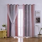 FANLI Ombre Rainbow Star Cutout Blackout Cutains for Girl and Kids Bedroom and Living Room with White Sheer Overlay Thermal Insulated for Home Decor 1 Panel(Pink Grey, 52W x 63L)