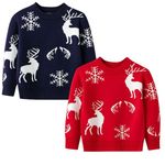 GTWO Christmas Special Trendy Designer Toddler Boys Girls Cartoon Deer Snowflake Woolen Knitted Full Sleeve Round Neck Sweater/Sweatershirts (12-18 M, Red and Navy)