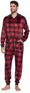 Ashford & Brooks Men's Adult Mink Fleece Hooded One-Piece Union Suit Pajamas - Red/Black Buffalo Check - Large