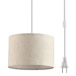 Plug in Pendant Light,15 FT Hanging Lamp with Plug in Cord, On/Off Switch, Pendant Lighting with Fabric Shade, Hanging Light Fixture for Living Room, Bedroom, Dining Room, Kitchen (Beige)