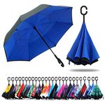 NNY Inc Double Layer Inverted Umbrella Cars Reverse Open Folding Umbrellas, Windproof UV Protection Large Self Stand Upside Down Straight Umbrella for Golf Women and Men with C-Shaped (Blue)