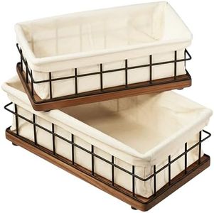 Wood and Wire Baskets with Liners for Organizing - Set of 2 Sizes - Handcrafted - Decorative Storage Bin for Bathroom, Toilet Paper Storage - New Home Gift - Walnut (11.2" L x 6" W&9.5" L x 4.8" W)