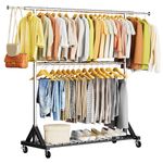 Heavy Duty Clothes Rack Load 600 LBS, Double Rod Clothing Rack, Rolling Garment Rack with Lockable Wheels, Shelves, Adjustable Laundry Hanging Racks for Clothes