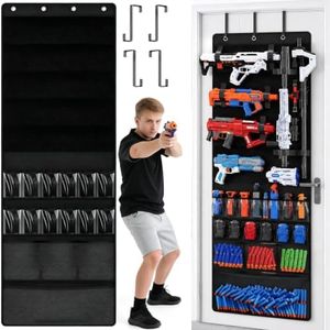 Over the Door Organizer for Toy Guns, Toys Storage Door Hanger with Pockets and Slots for Teens Foam Blasters, Darts, Goggles, Over Door Toy Guns Storage Organizer, for Teens Rooms, Game Rooms, Black