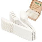 FEHHTO 100% Compostable Cutlery Set,150pcs (50 Forks,50 Spoons,50 Knives) Disposable Cornstarch Utensils Heavy Duty BPI Certified Eco-Friendly Party Supplies No Plastic, Ivory White