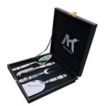 Maverics Exquisite 4-Piece Cheese Set: Stainless Steel & Brass Mop Handle - Cheese Knife, Fork, Slicer, Spread Wide Server - Mother of Pearl Inlay