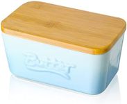 Porcelain Butter Dish with Wooden Lid, Candiicap Airtight Butter Keeper for Countertop & Home Kitchen Decor, Large Butter Holder for East West Coast Butter(Sky Blue)