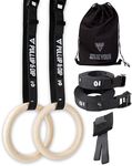 PULLUP & DIP Premium Gymnastic Rings, Wooden Gym Rings for Calisthenics - Wide Straps with Length Markings + Door Anchor + Carry Bag + Exercise Guide, Calisthenics Rings