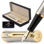 Wordsworth & Black Fountain Pen Set, 18K Gilded Medium Nib, Includes 24 Pack Ink Cartridges, Ink Refill Converter & Gift Box, Gold Finish, Calligraphy, [Silver Gold], Perfect for Men & Women