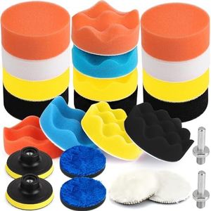 3 Inch Car Foam Drill Polishing Pad, Kits of 24 Pcs, Car Sponge Buffing Pads, Woolen Buffer Pads, Suction Cup with Drill Adapter for Car Polishing Waxing Sealing Glaze