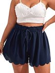 MakeMeChic Women's Plus Size Elastic Waist Scallop Trim Flowy Wide Leg Shorts Navy Blue 3XL