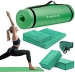 HemingWeigh Yoga Mat Thick, Yoga Kit for Home Workouts, 1/2 Inch Thick Yoga Mat for Women, Men, Non Slip Yoga Mat with Yoga Foam Blocks, Yoga Strap, 2 Microfiber Towels, Beginner Friendly, Green