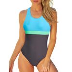 Runmeihe One Piece Swimsuits for Women, Women's One-Piece Swimming Suits, Slimming Sports Swimming Costume with Removable Foam Cups (UK, Alpha, S, Regular, Regular, Gray+Blue)