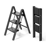 Ladnamy 3-Step Ladder Aluminium Folding Ladder Portable & Lightweight Small Kitchen Step Stool Maximum Load 330Ibs Safety Household Ladder (Black) H00203