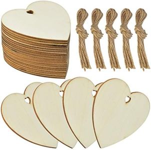 obmwang 50 Pieces 3" Natural Heart Wood Slices, DIY Wooden Ornaments Unfinished Predrilled Wooden Heart Embellishments with Natural Twine for Valentine's Day, Wedding, Thanksgiving, Christmas