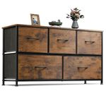 WLIVE Dresser for Bedroom with 5 Drawers, Wide Chest of Drawers, Fabric Dresser, Storage Organizer Unit with Fabric Bins for Closet, Living Room, Hallway, Rustic Brown Wood Grain Print