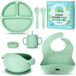 Little Chiltern Co Baby Weaning Set - 8 Pcs Silicone Baby Feeding Set with Adjustable Bib, Suction Bowl & Plate, Cup, Fork & Spoon - Microwave & Dishwasher Safe - Self Eating Utensil Set - Green