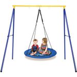 GYMAX Kids Swing Set, Heavy Duty Metal Swing Frame with Adjustable Round Swing, Outdoor Children Nest Swing Playset for Playground Garden Backyard (Blue + Yellow)