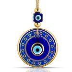 BCS Blue Evil Eye Wall Decor Gold Border Design 4.3" Glass Evil Eye Hanging Ornament for Home, Garden, Door, Office Turkish Greek Handmade Nazar Amulet Good Luck and Protection Charm - Ojo Turco