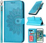 Cavor Wallet Case for iPhone 6, iPhone 6S PU Leather Case Magnetic Clasp 3D Embossed Flower Women Flip Folio Kick stand with Card Holder Wristlet Hand Strap Protective Cover for iPhone6/ iPhone6s 4.7'' -Flower Sky Blue