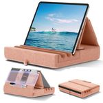 KDD Tablet Pillow Holder, Foldable iPad Stand for Lap, Bed and Desk -Tablet Soft Pad Dock with Pocket & Stylus Mount Compatible with iPad Pro 12.9, 10.5 Air Mini 6 5 4 3, Kindle, E-Reader, Peach Fuzz