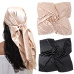 Silk Head Scarf Square Scarves - 35 Inches Satin Square Scarf for Hair Silk Bandana for Women Sleeping Head Wrap Pack of 2 (Solid Color(Black/Camel))