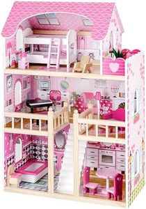Baroni Toys Casa delle Bambole in Legno con 16 Accessori e Mobili Inclusi, Casa a 3 Livelli di Gioco con 6 Stanze, Giocattolo per Bambini e Bambine 3+ Anni, 90x59x30 cm