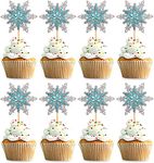 Confetti! 24 Pack Frozen Snowflake Cupcake Toppers Double Layers Silver and Blue Winter Theme Cupcake Picks Baby Shower Kids Birthday Party Christmas Cake Decorations Supplies