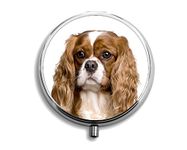 Cavalier King Charles Dog Gift. Pill Box with Black Velvet Gift Pouch. Unique Design, Shiny Silver-tone metal 2" diameter pill box for medication. A beautiful gift for many occasions