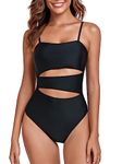 RELLECIGA Women's Black Geometric Cutout Bathing Suits Adjustable Straps Bandeau One Piece Swimsuit for Women Size Large