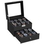 SONGMICS Watch Box, Watch Case with Glass Lid, 2-Tier Watch Display Case, Lockable, 1 Drawer, for Rings, Bracelets, Gift Idea, Black Synthetic Leather, Black Lining JWB016B01