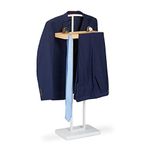 Relaxdays Valet Stand, with Wooden Shelving, Freestanding, Crease-Free Suits, MDF & Metal, HWD 102 x 46 x 24 cm, White, Boards, Wood
