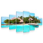 Startonight Large Canvas Wall Art Beach - On the Deck to the Rocky Island - Huge Framed Modern Set of 7 Panels 40" x 95"