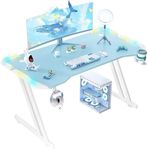 DLONGONE Blue Gaming Desk with LED Lights, 120 x 60cm Gaming Table for Laptop, Home Office Desk with Carbon Fiber Coated, Gaming PC Desk with Headphone Hook and Cup Holder, Easy to Assemble