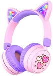 iClever Kids Bluetooth Headphones, Light Up Cat Ear,60H Playtime, USB C Fast Charging, Safe Volume 74/85dBA, Bluetooth 5.3,Kids Headphones Wireless AUX Cord for iPad Tablets Travel,Meow Cookies-Purple