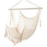 Hammock Chair，Max 330lbs, Large Hanging Chair, Soft Cotton Rope Swing Chair with High Load-Bearing Metal Rod,Indoor Outdoor Garden Yard Living Room Beige