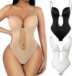 Atinxong Backless Shapewear for Women Tummy Control Backless Body Shaper Thong Shapewear Bodysuit with Built-in Bra, Beige, XX-Large