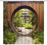 ZWSMZW Japanese Shower Curtain Wooden Wall Gate Green Plant Rustic Doorway Circle Park Garden Outside Natural Scenery Bathroom Decor Fabric Curtains with Hooks