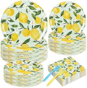 FYSUIMU 96 Pcs Lemon Party Supplies Summer Lemon Flower Plates Napkins and Forks Disposable Tableware for Birthday Baby Shower Fruit Party Dinnerware, Serves 24